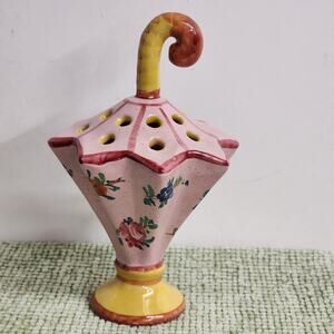 Vintage Italian Umbrella Flower Frog Pink Majolica Hand Painted Italy 5656